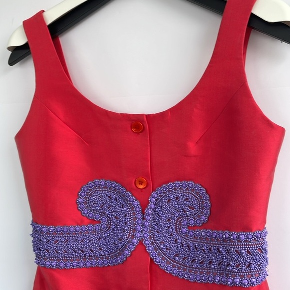 Carven Mikado Beaded Polyester Silk Pink and Purple Mini Dress Pockets Size 36 - Picture 1 of 16